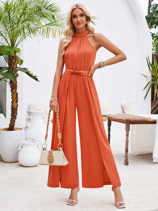 Summer Casual Silt with Waist-Tie Sleeveless Long Jumpsuit for Women