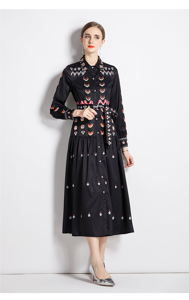 Fashion Print Vintage Lapel Long-Sleeved Slim-Looking Long Skirt Dress