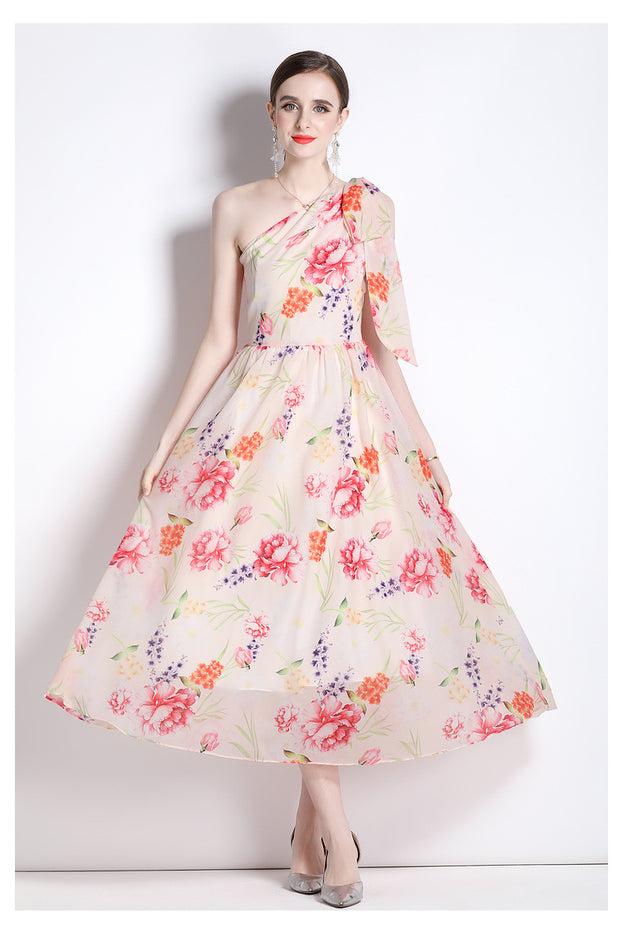 Fashion Resort Ethos Oblique Shoulder Lace-Up Print Full-Length Dress with Waist Tucked