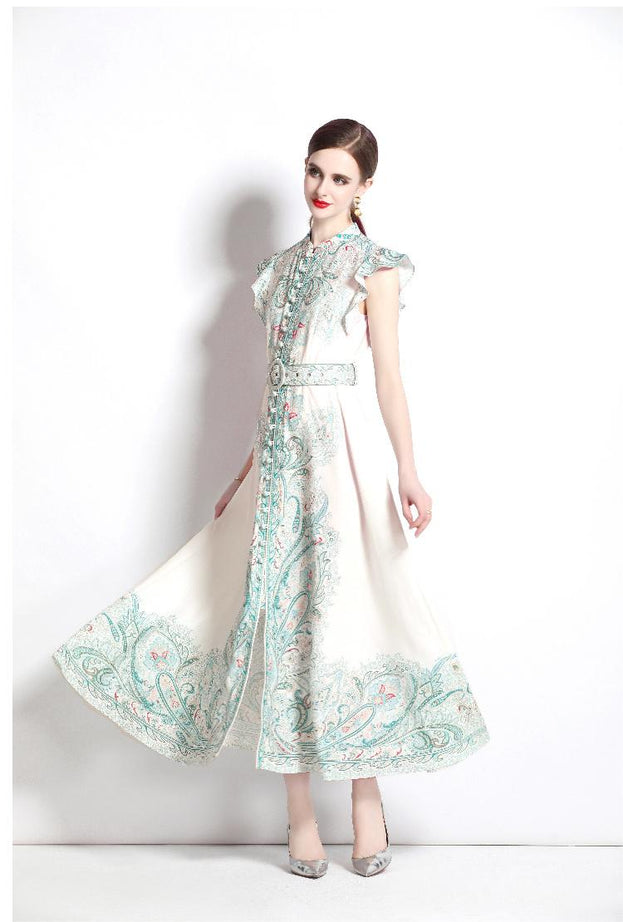 Vintage Fashion Print Dress Single Breasted Large Swing A-Line Skirt