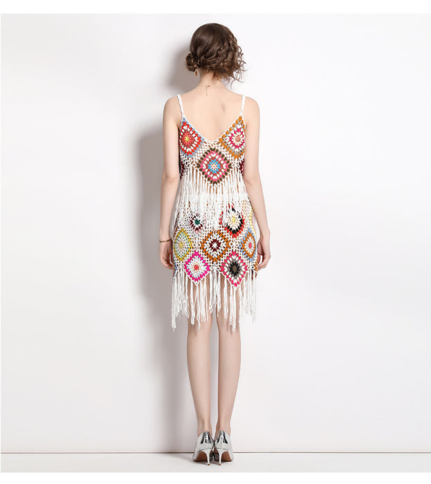 Tassel Knitted Hook Flower Suit Female Suspender Top and Sexy Short Skirt Two-Piece Set