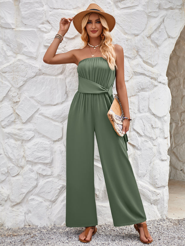 Summer Fashion Casual Waist-Tie Straight Strapless Jumpsuit for Women
