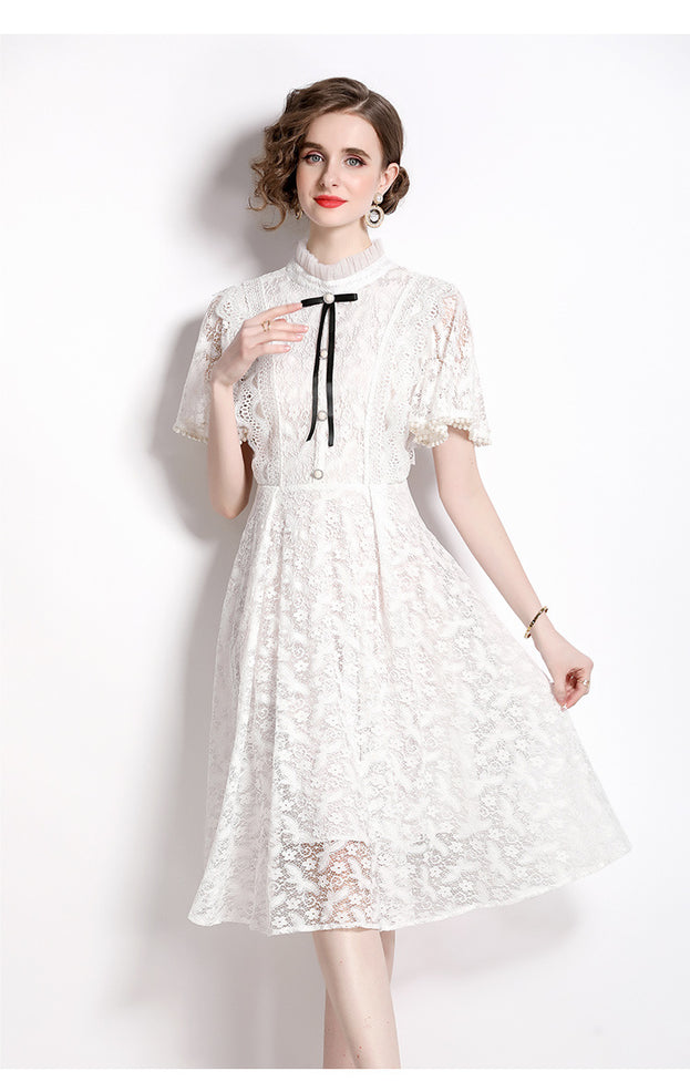 Retro Temperament Slimming Short-Sleeved MIDI Dress White Lace Dress