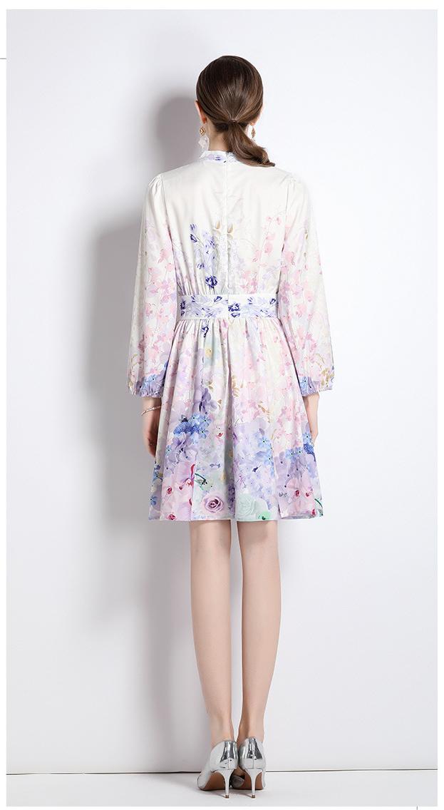 V-Neck Vintage Print Long-Sleeved Dress Slim-Fit and Slim-Waist A-Line Skirt
