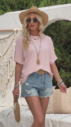 Summer Casual Round-Neck Loose Lace at the Back Short Sleeve Top for Women