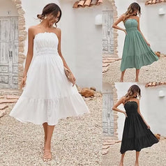 Summer Sweet Casual Waisted Pleated A-Line Strapless Dress for Women