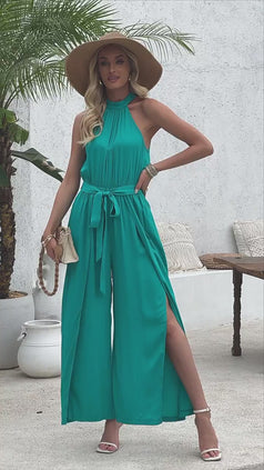 Summer Casual Silt with Waist-Tie Sleeveless Long Jumpsuit for Women