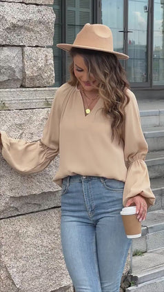 Autumn V-Neck Casual Loose Long Sleeve Pullover Top for Women