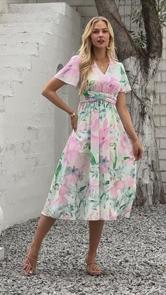 Summer Printed V-Neck Waisted Short Sleeve Holiday-Style Dress for Women