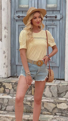 Summer Casual Cutout Round-Neck Loose Short Sleeve Top for Women