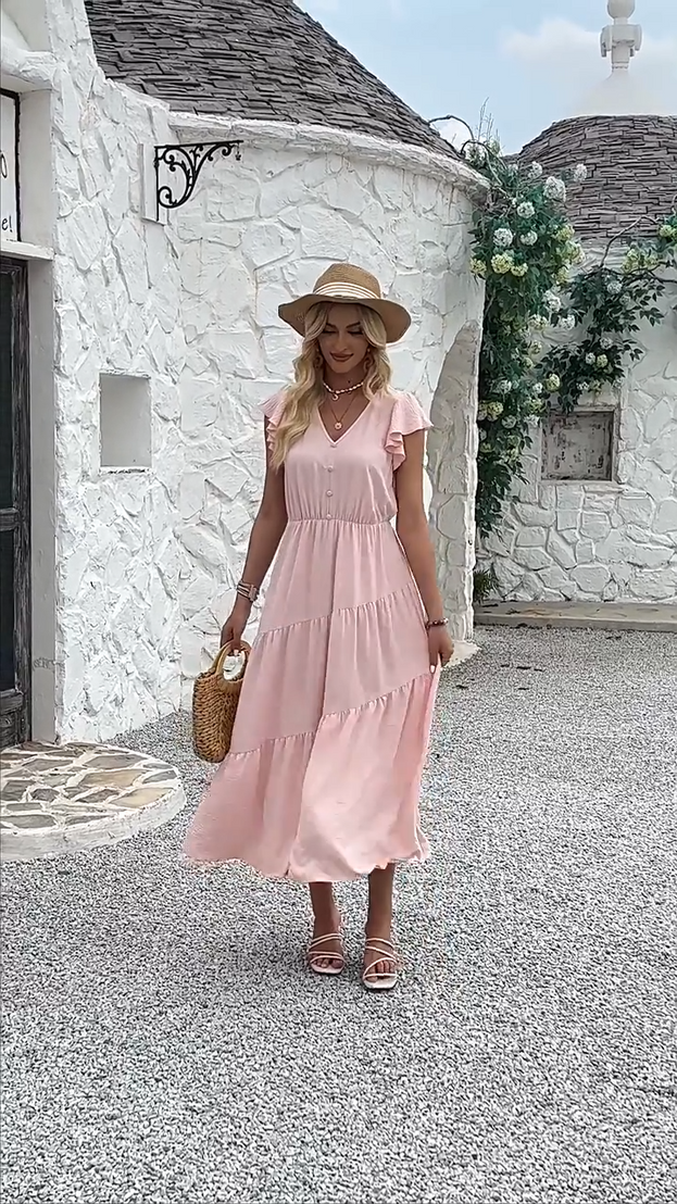 Summer Casual V-Neck Waisted Loose Ruffled-Sleeve Long Dress for Women