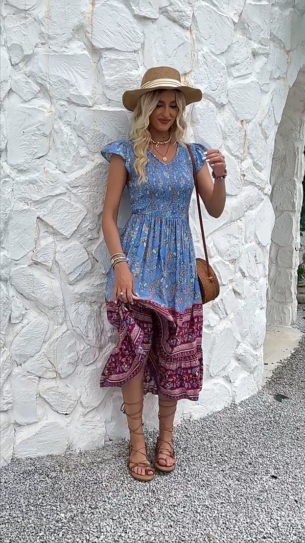 Summer Casual Printed Waisted Loose Boho Long Holiday-Style Dress for Women