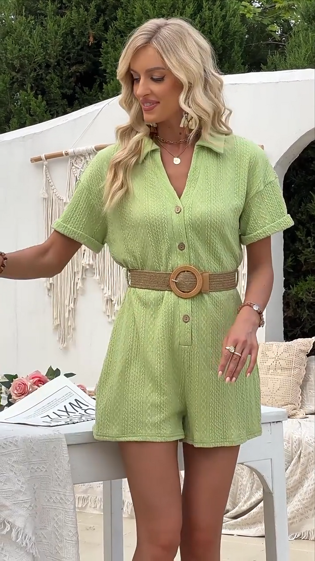Summer Casual Knitted Jacquard V-Neck Waist-Tied Short Jumpsuit for Women