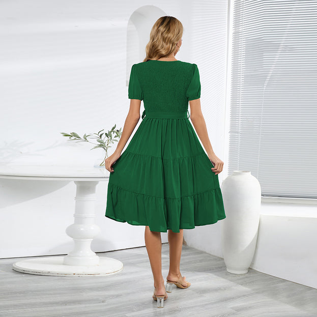 Summer Short Sleeved Slim Large Swing Splicing Cake Dress