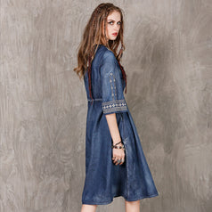 New Large Size Denim Skirt National Style Embroidery Drawstring Casual Dress