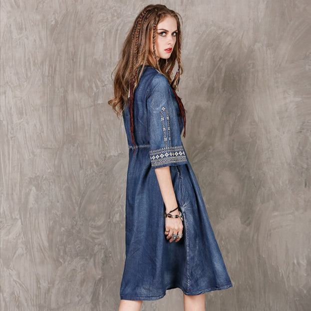 New Large Size Denim Skirt National Style Embroidery Drawstring Casual Dress