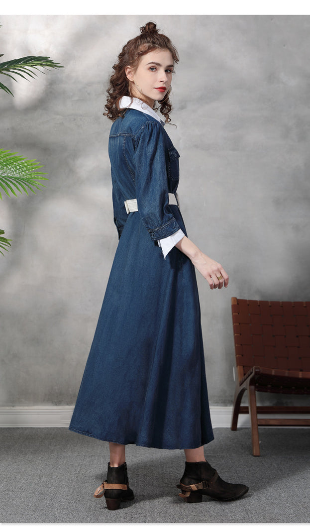 New Suit Neck Denim Dress Retro Temperament Slimming Waist Showing Fake Two Long Dresses