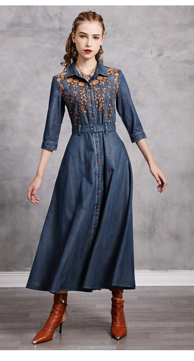 Lapel Temperament Slim Embroidered Denim Maxi Dress 2022 Vintage Mid-Sleeve New Slimming Dress