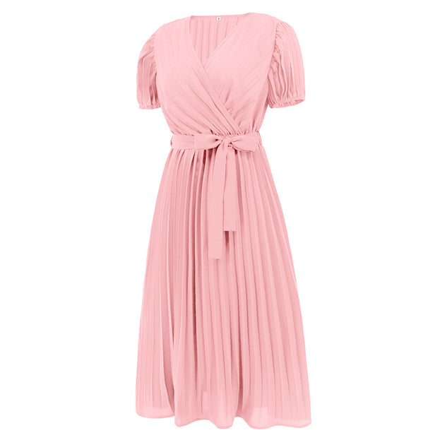 Summer's New V-Neck Pleated Skirt Slim Temperament Long Dress