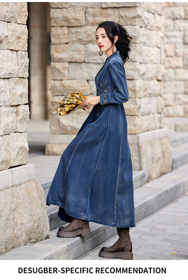 New Denim Maxi Embroidered Long-Sleeved Dress100% Cotton