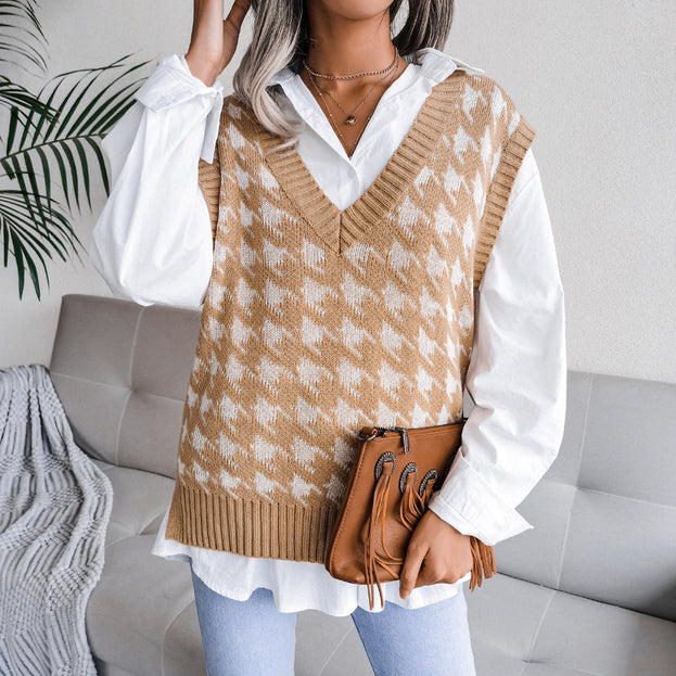 V-Neck Thousand Bird Plaid Casual Loose Knitted Vest Sweater Vest