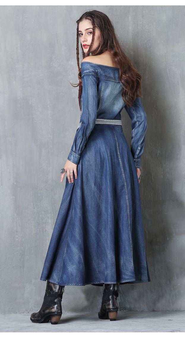 One-Line Neck Temperament Slim Belt Denim Long skirt 2023 Ancient Embroidery Long-Sleeved Autumn Dress