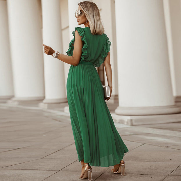 Fashion Slim Sexy Lotus Leaf Sleeve Chiffon Pleated Skirt Solid Color Dress