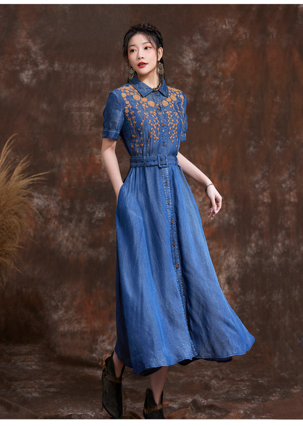 Waist Shrink Slimming Dress 2023 Spring and Summer New Vintage Embroidered Lapel Temperament Denim Long Skirt