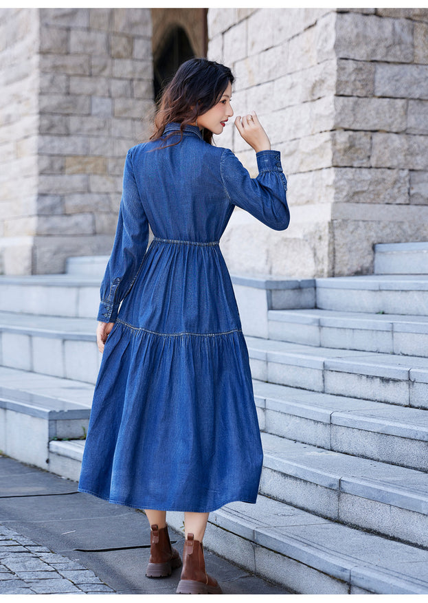 New Vintage Button Drawstring Waist Slimming Dress Heavy Industry Embroidery Denim Skirt