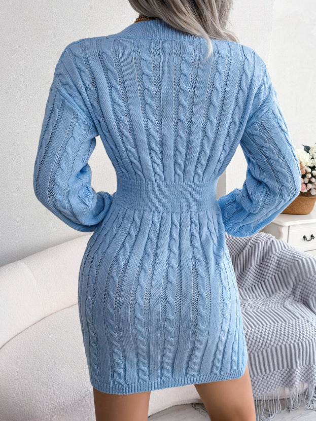 V-Neck Long Sleeve Stretch Waist Sweater Skirt