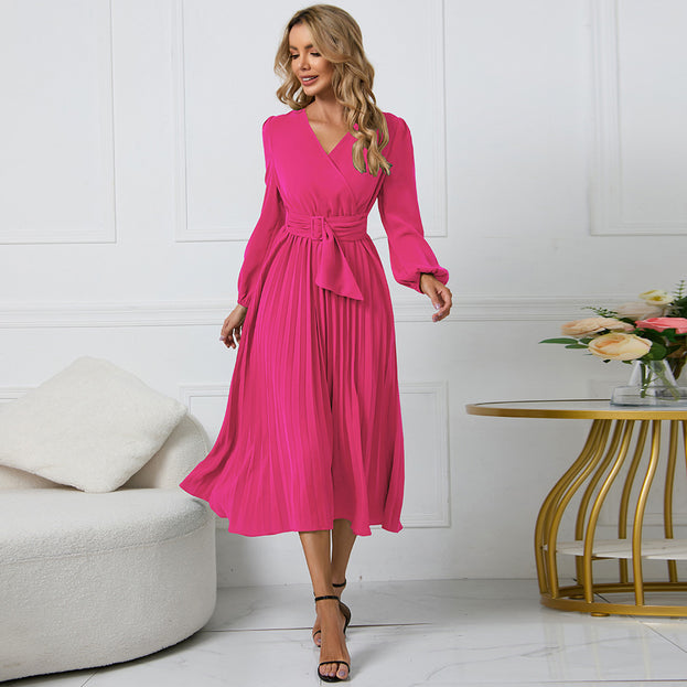 New Long-Sleeved Slim Pleated Belt V-Neck Dress