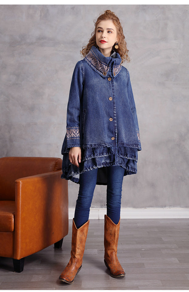New Stand-Up Collar Denim Trench Coat Women's Vintage Embroidery Loose Mid-Length Coat