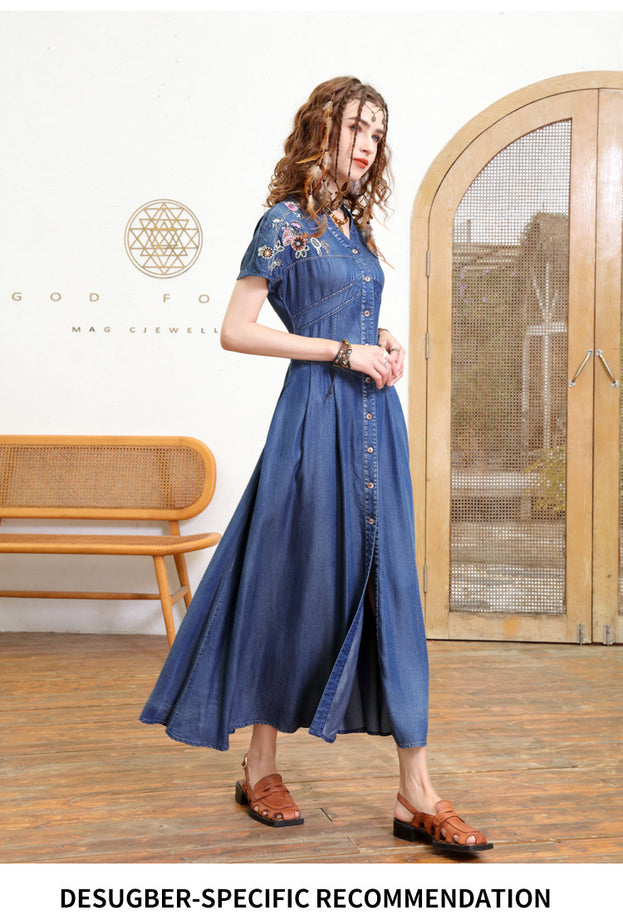 V-Neck Temperament Slimming Cardigan Dress 2023 Summer New Vintage Heavy Industry Embroidered Denim Long Skirt