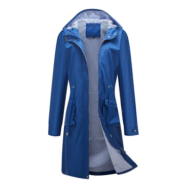 Long Casual Windbreaker Hooded Solid Color Top Striped Lining Straight Coat