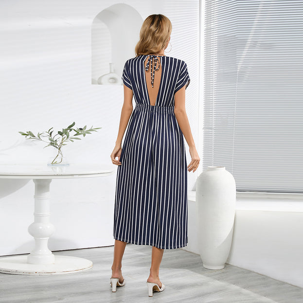 Stylish Bat-Sleeved V-Neck Backless Strappy Dress