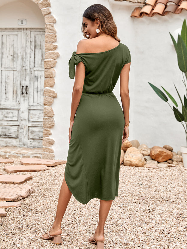 Casual Knitted Diagonal Collar Waist Slit Dress