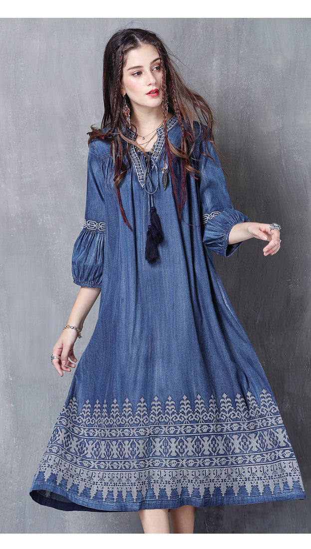 V-Neck Lace-Up Loose A-Line Large Size Temperament Denim Skirt 2023 Spring and Summer Embroidered Mid-Sleeve Vintage Dress