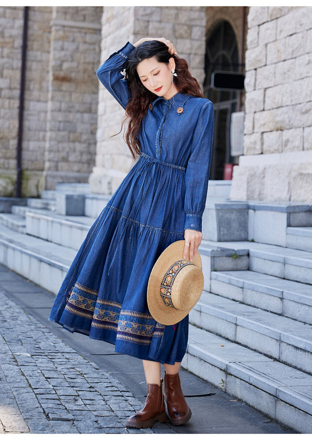 New Vintage Button Drawstring Waist Slimming Dress Heavy Industry Embroidery Denim Skirt