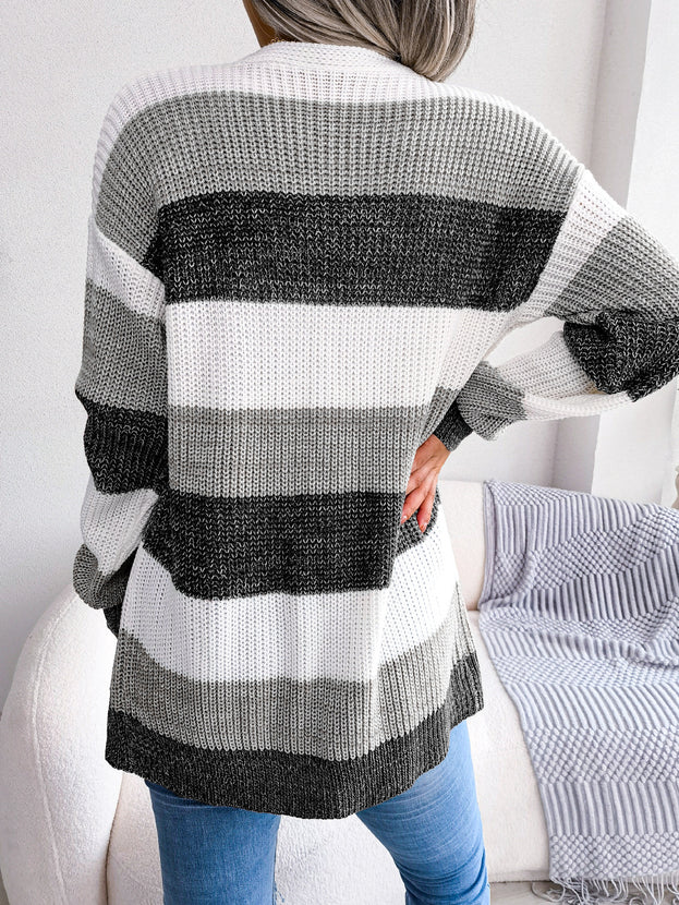 Contrasting Color Striped Lantern Sleeve Casual Cardigan Sweater Coat