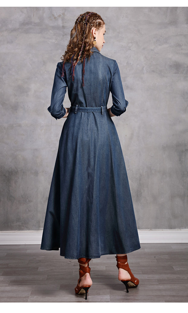 Lapel Temperament Slim Embroidered Denim Maxi Dress 2022 Vintage Mid-Sleeve New Slimming Dress