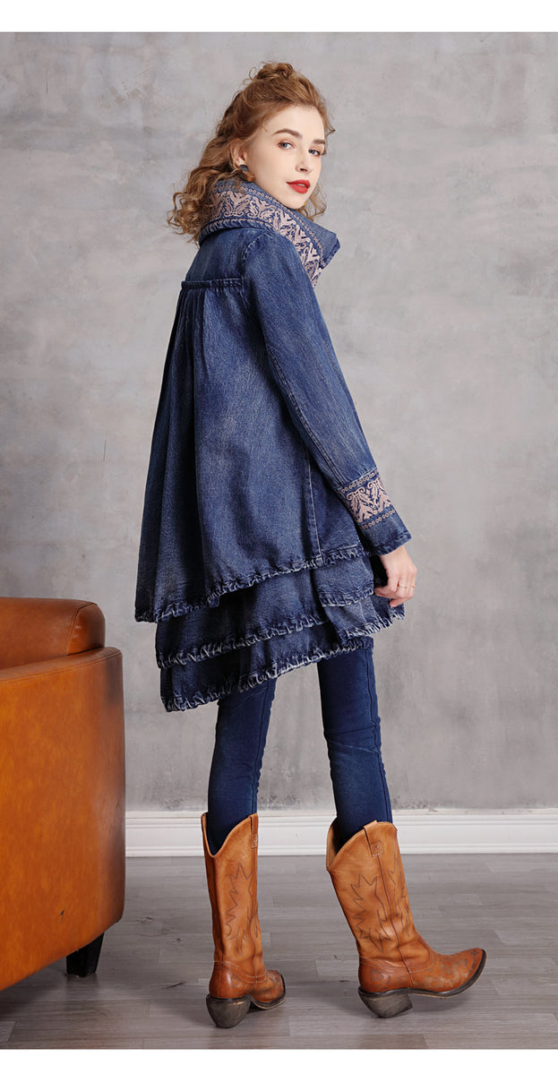 New Stand-Up Collar Denim Trench Coat Women's Vintage Embroidery Loose Mid-Length Coat