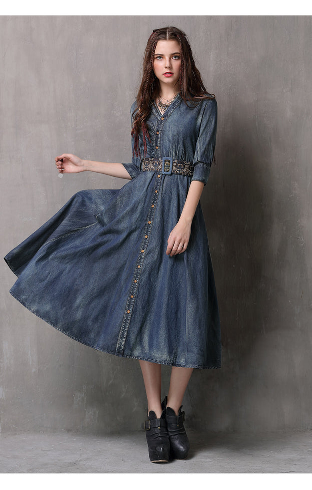 New Vintage Belt Embroidered Slimming Dress Irregular Draw Pleated Lapel Denim Skirt