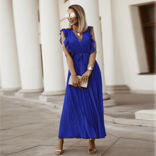 Fashion Slim Sexy Lotus Leaf Sleeve Chiffon Pleated Skirt Solid Color Dress