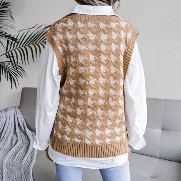 V-Neck Thousand Bird Plaid Casual Loose Knitted Vest Sweater Vest