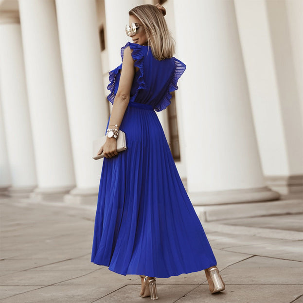 Fashion Slim Sexy Lotus Leaf Sleeve Chiffon Pleated Skirt Solid Color Dress