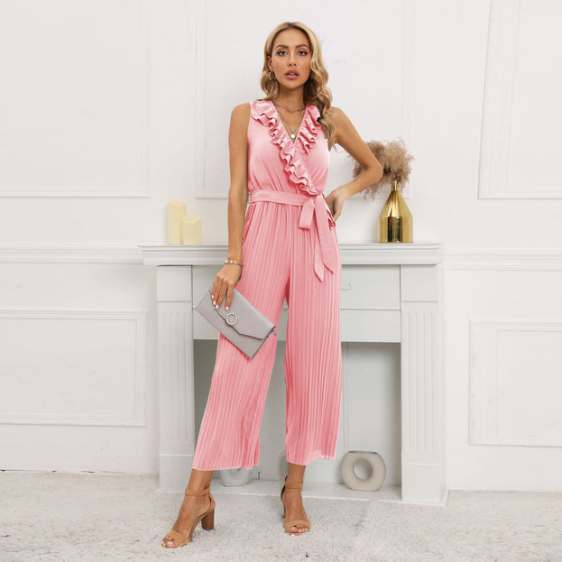 New Sleeveless V-Neck Pleated Pleated Jumpsuit with Lotus Leaf Lace