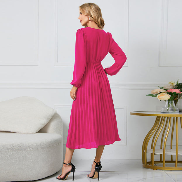 New Long-Sleeved Slim Pleated Belt V-Neck Dress