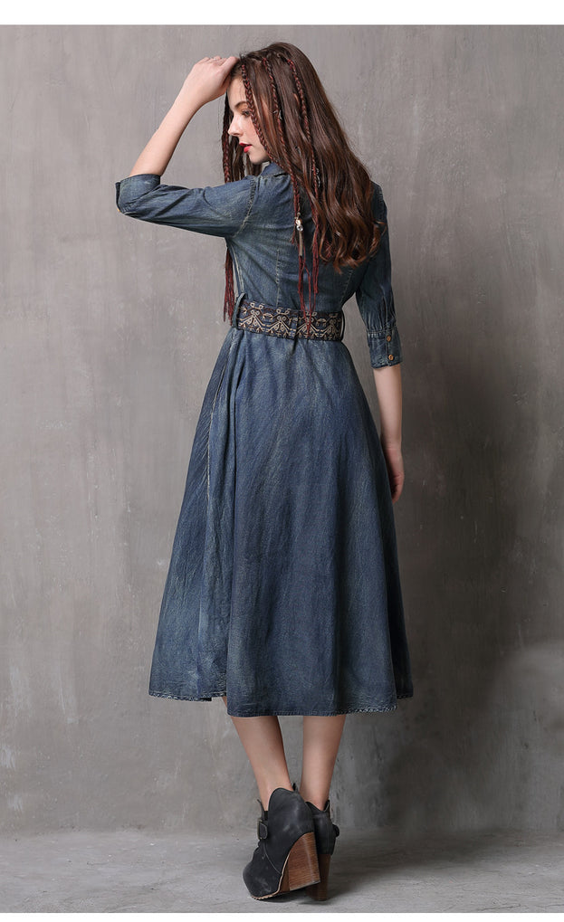 New Vintage Belt Embroidered Slimming Dress Irregular Draw Pleated Lapel Denim Skirt