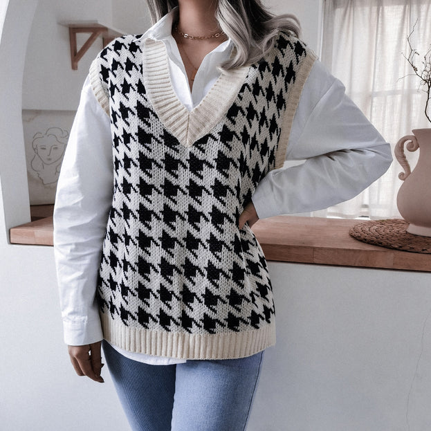 V-Neck Thousand Bird Plaid Casual Loose Knitted Vest Sweater Vest
