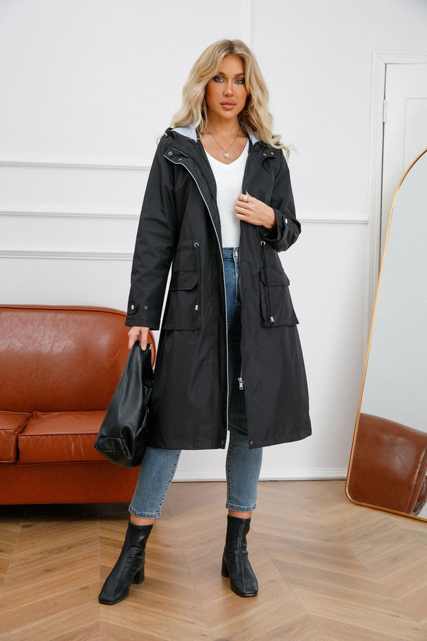 Long Casual Windbreaker Hooded Solid Color Top Striped Lining Straight Coat